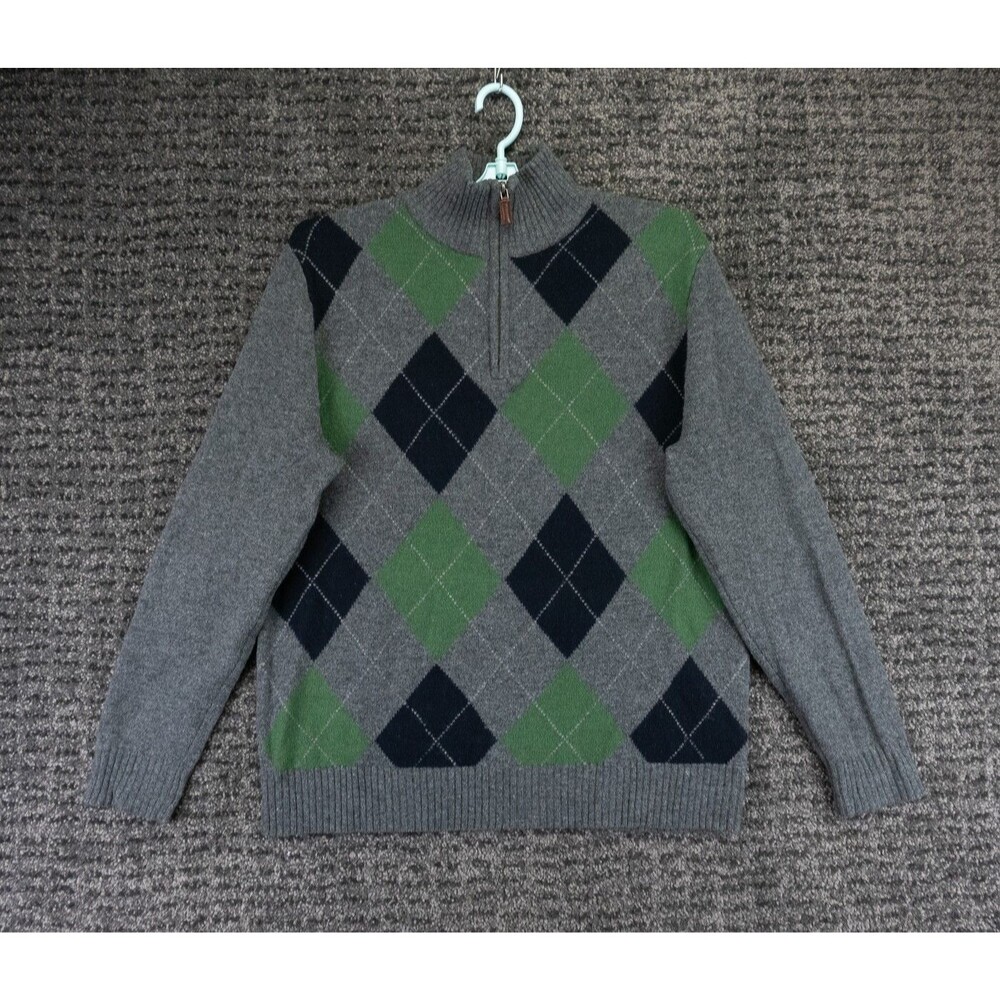 J. Crew Sweater Mens Large Gray 1/4 Zip Diamond Pattern Lambs Lambs Wool Preppy